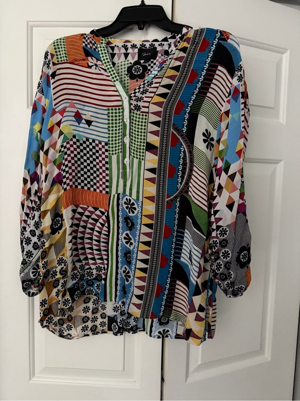 Shana multicolored Sundance Patchwork Print V-Neck Blouse Large